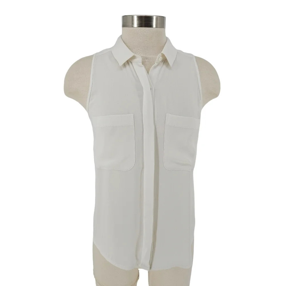 Trina Turk Shirt White Sleeveless Button Up Collared Pocket Tank Top